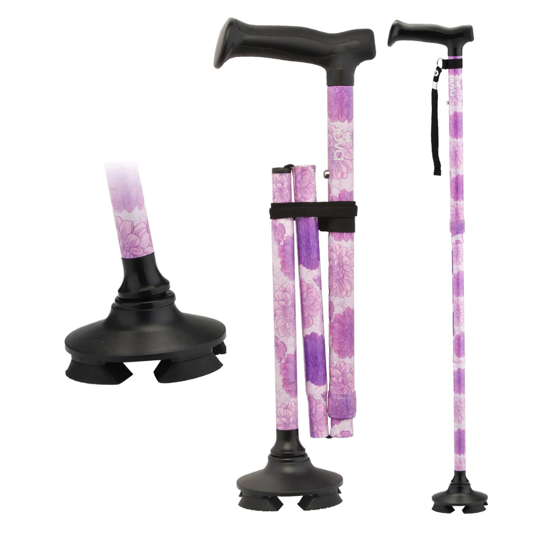 The Nova Medical Folding Cane with Standing Pivot Tip features a purple floral design, black ergonomic handle, and wide pivot base. Shown standing upright, folded, and in a close-up of the stable base.